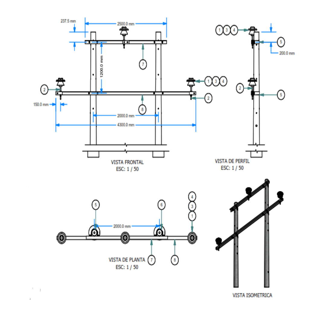 ARMADOS TIPO ATH1 TRIFASICO HORIZONTAL 4300MM GALV CALIENTE ARAGCU AR2