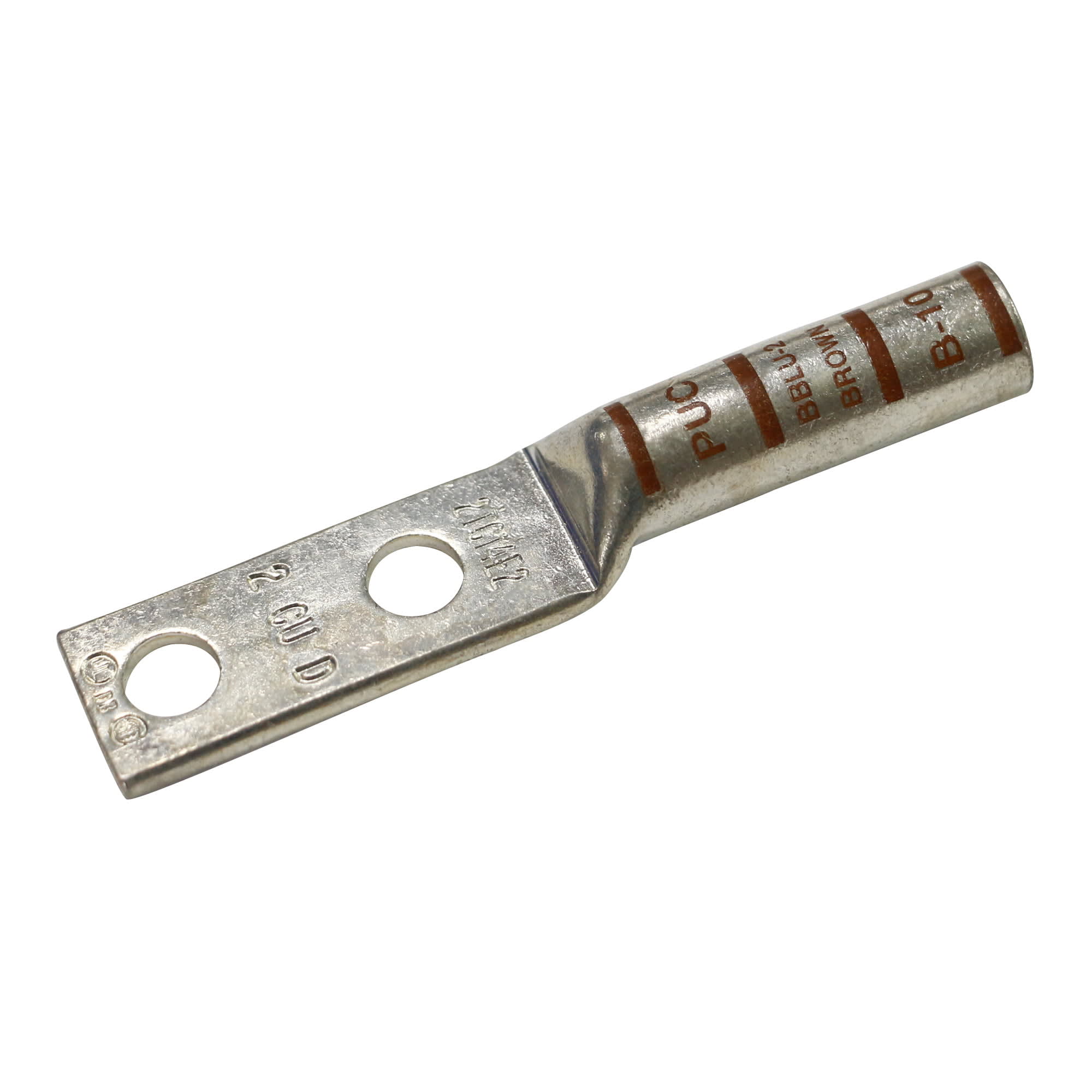 TERMINAL A COMPRESION DE COBRE ESTAÑADO BARRIL LARGO 2 HOYOS 2AWG 1/4'' 35KV MARRON CON UL PENNUNION1