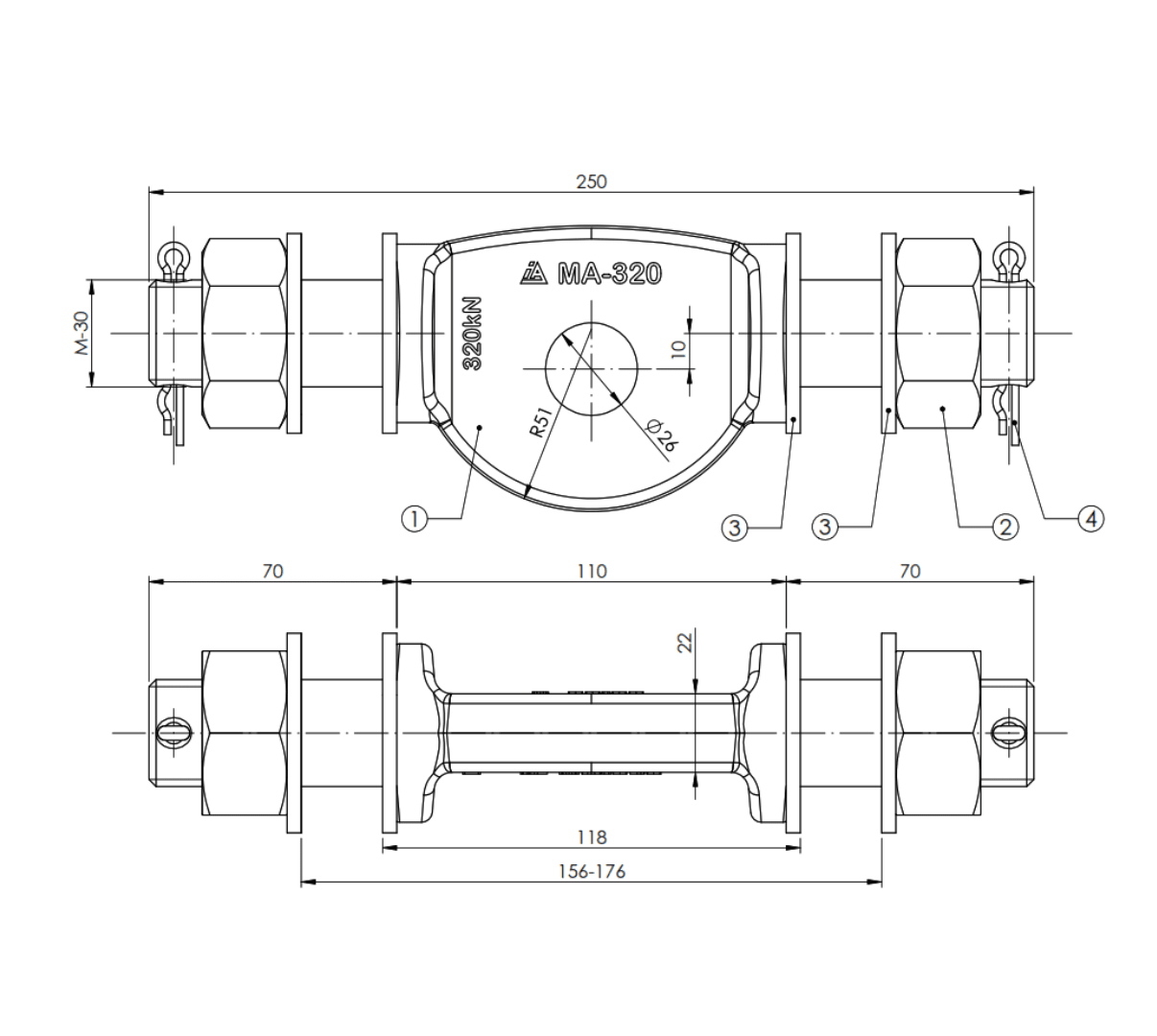BISAGRAS GIRATORIA 32KN L:250MM Ø:M-20 MODELO MA-320 / M30 / Ø26 ARAGCU AT1