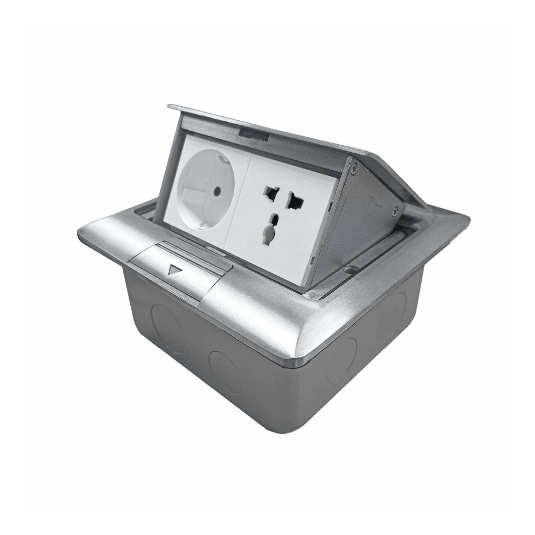 CAJA DE PISO 4 MODULOS (SOFT OPEN) COLOR GRIS + 1 TOMACORRIENTE SCHUKO + 1 TOMACORRIENTE UNIVERSAL ONESTO