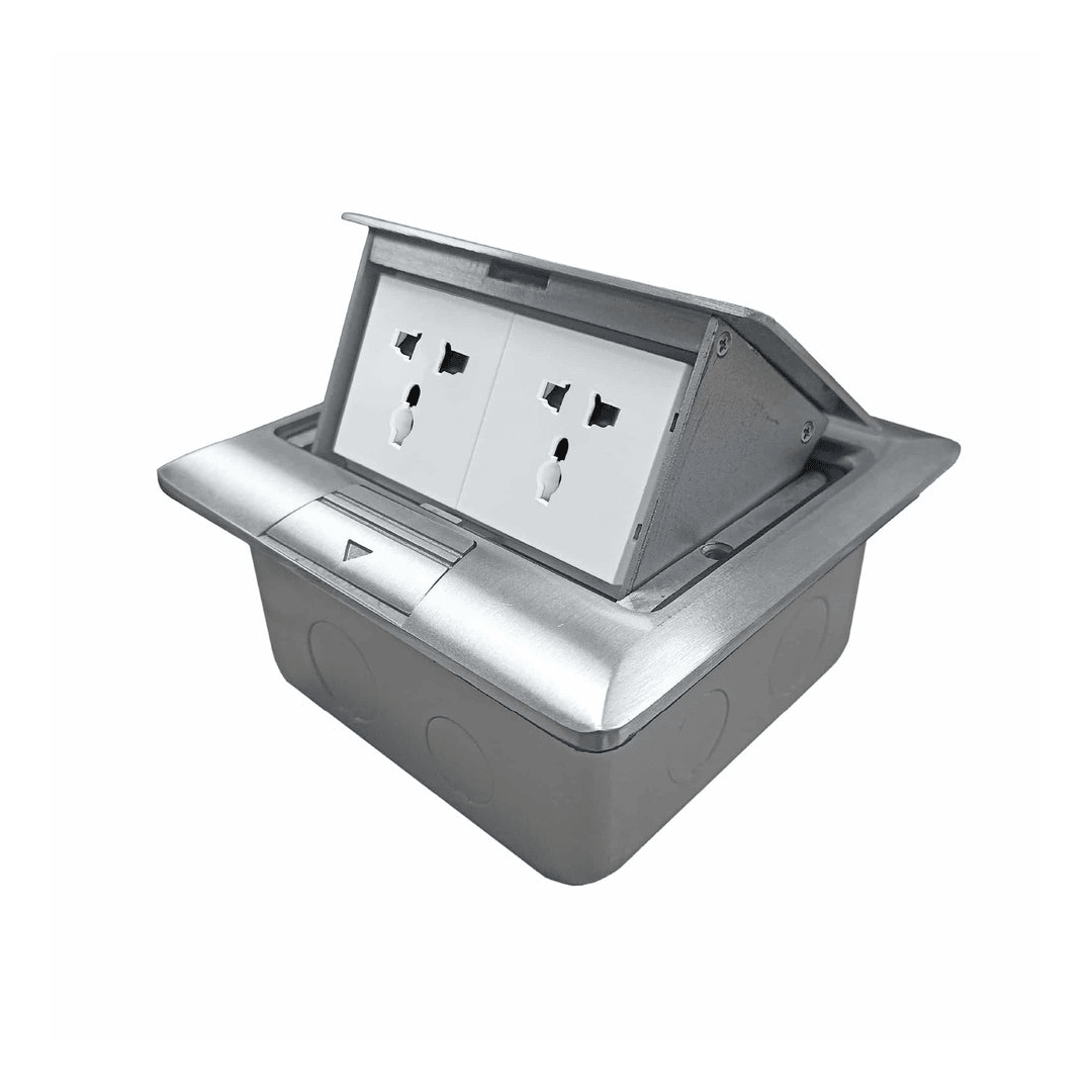 CAJA DE PISO 4 MODULOS (SOFT OPEN) COLOR GRIS + 2 TOMACORRIENTES UNIVERSALES ONESTO