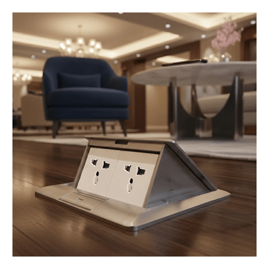 CAJA DE PISO 4 MODULOS (SOFT OPEN) COLOR GRIS + 2 TOMACORRIENTES UNIVERSALES ONESTO4