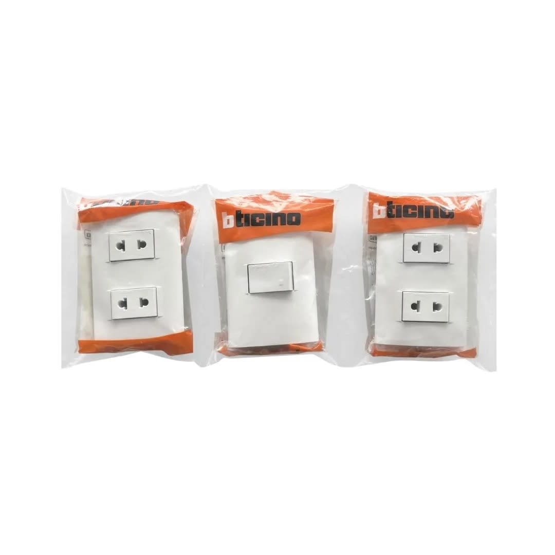 PACK MODUS 2 TOMACORRIENTES DOBLES Y 1 CONMUTADOR BTICINO