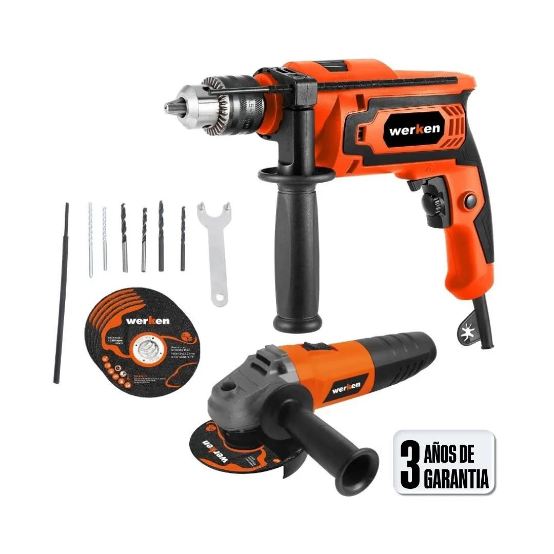TALADRO KF-AG15+KF-ID21-BMC 650W + AMOLADORA 800W + 16 ACCESORIOS WERKEN