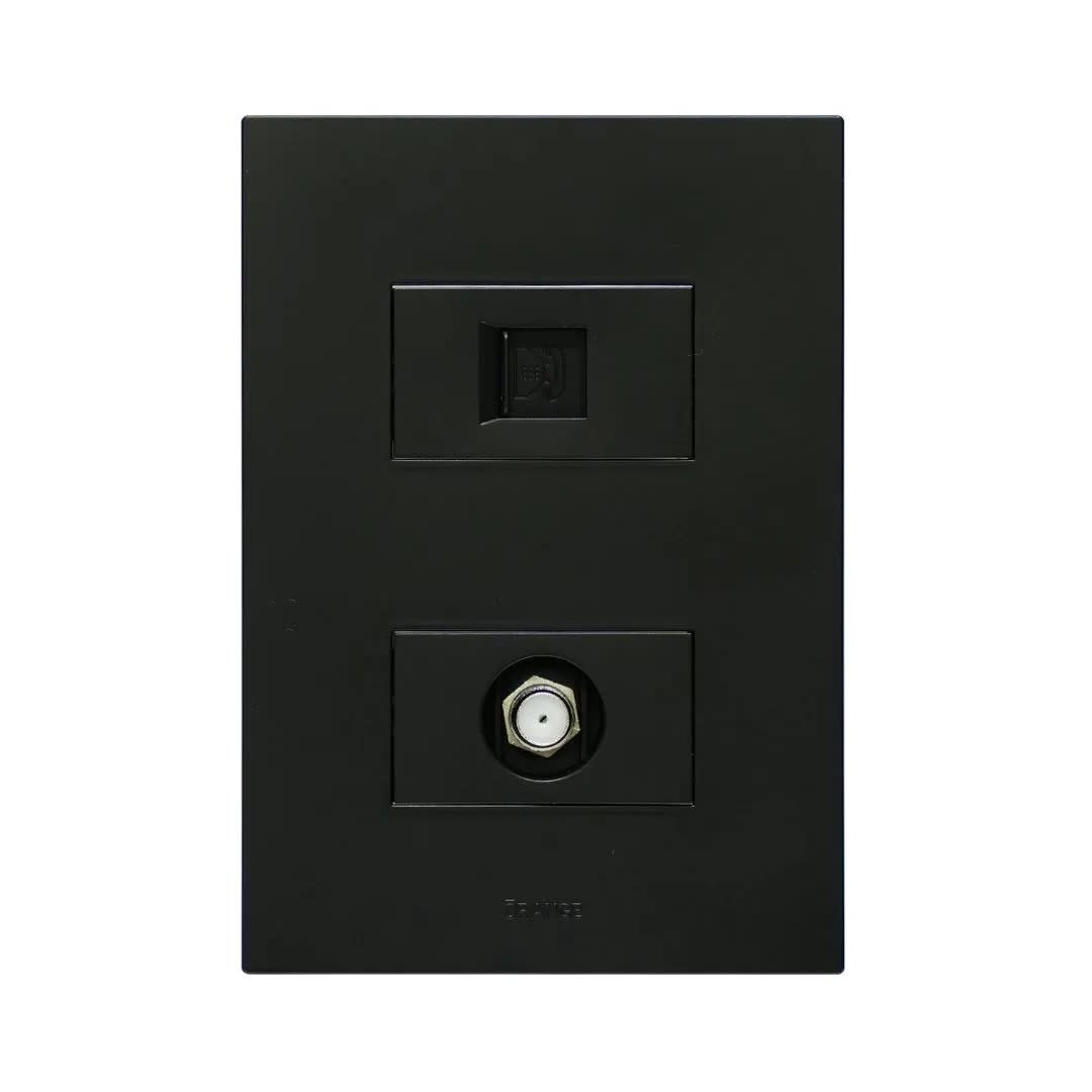 PLACA ARMADA TOMA TV TIPO F + TOMA RJ-11 TELEFONO MATTE NEGRO ORANGE