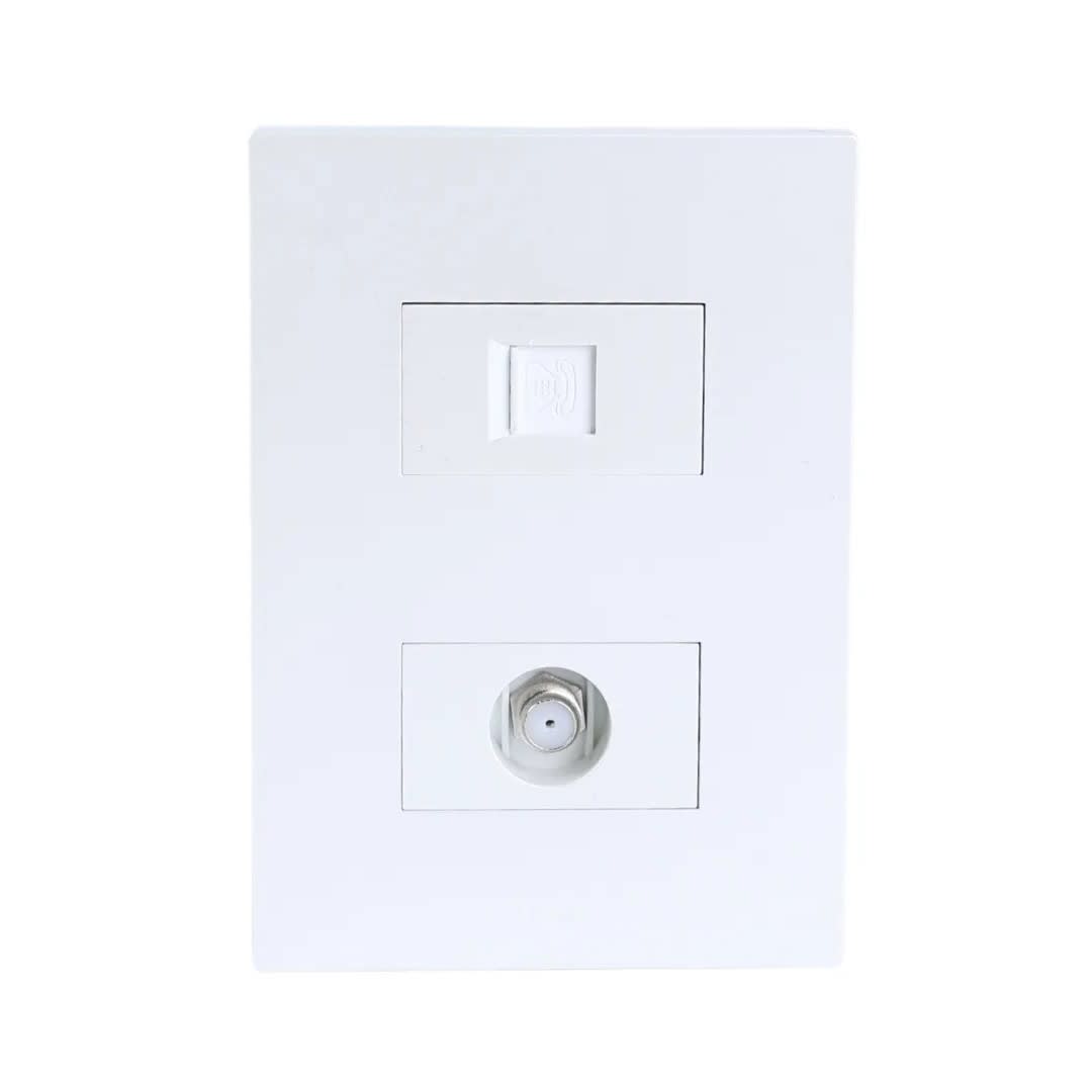 PLACA ARMADA TOMA TV TIPO F + TOMA RJ-11 TELEFONO MATTE BLANCO ORANGE