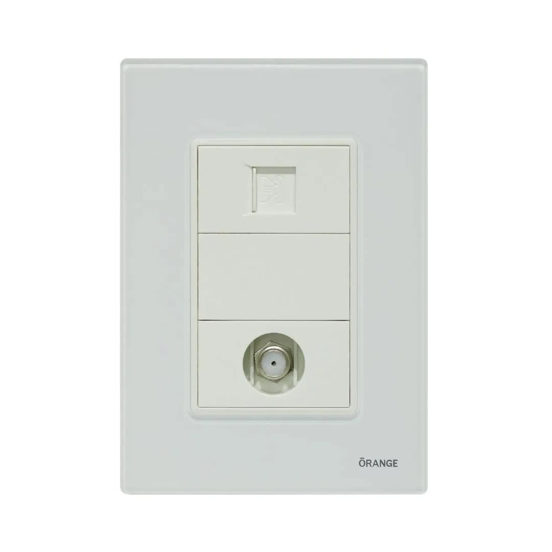 PLACA ARMADA TOMA TV TIPO F + TOMA RJ-11 TELEFONO VITRO BLANCO ORANGE