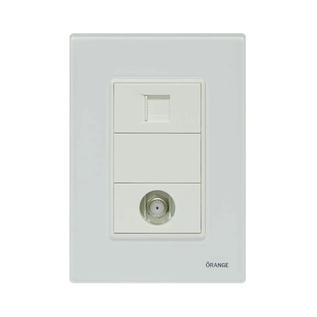 PLACA ARMADA TOMA TV TIPO F + TOMA RJ-45 CAT6 VITRO BLANCO ORANGE
