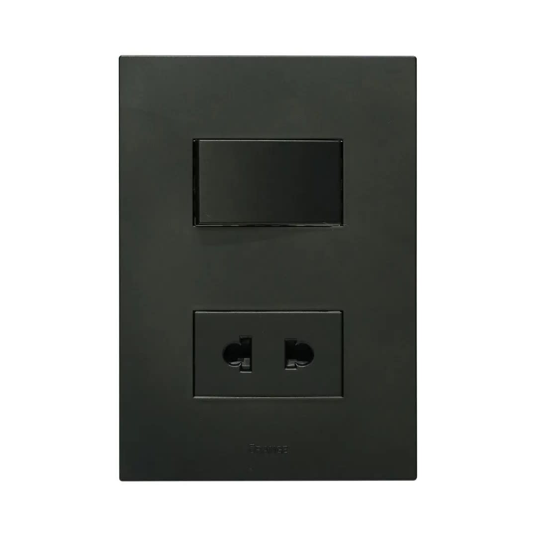 PLACA ARMADA INTERRUPTOR + TOMACORRIENTE MATTE NEGRO ORANGE9