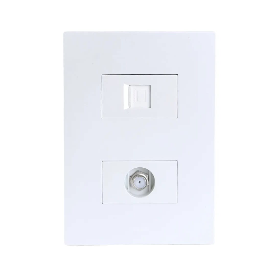 PLACA ARMADA TOMA TV TIPO F + TOMA RJ-45 CAT6 MATTE BLANCO ORANGE