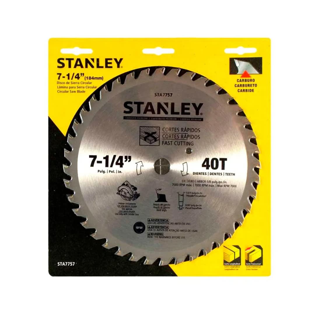 DISCO DE SIERRA CIRCULAR 71/4''X40D DE ACERO CON CARBURO MODELO STA7757 STANLEY