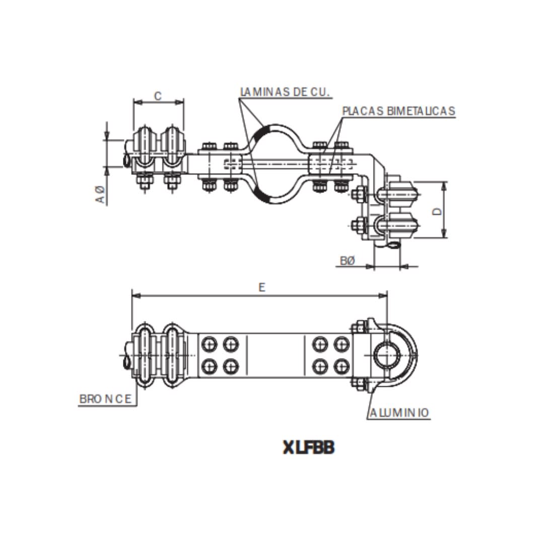 CONECTOR A 90° DE DILATA. BIMETAL GUIADO UNION TUBO/BORNA CU A PLETINA AL XLFBB-5050AL ARAGCU AS
