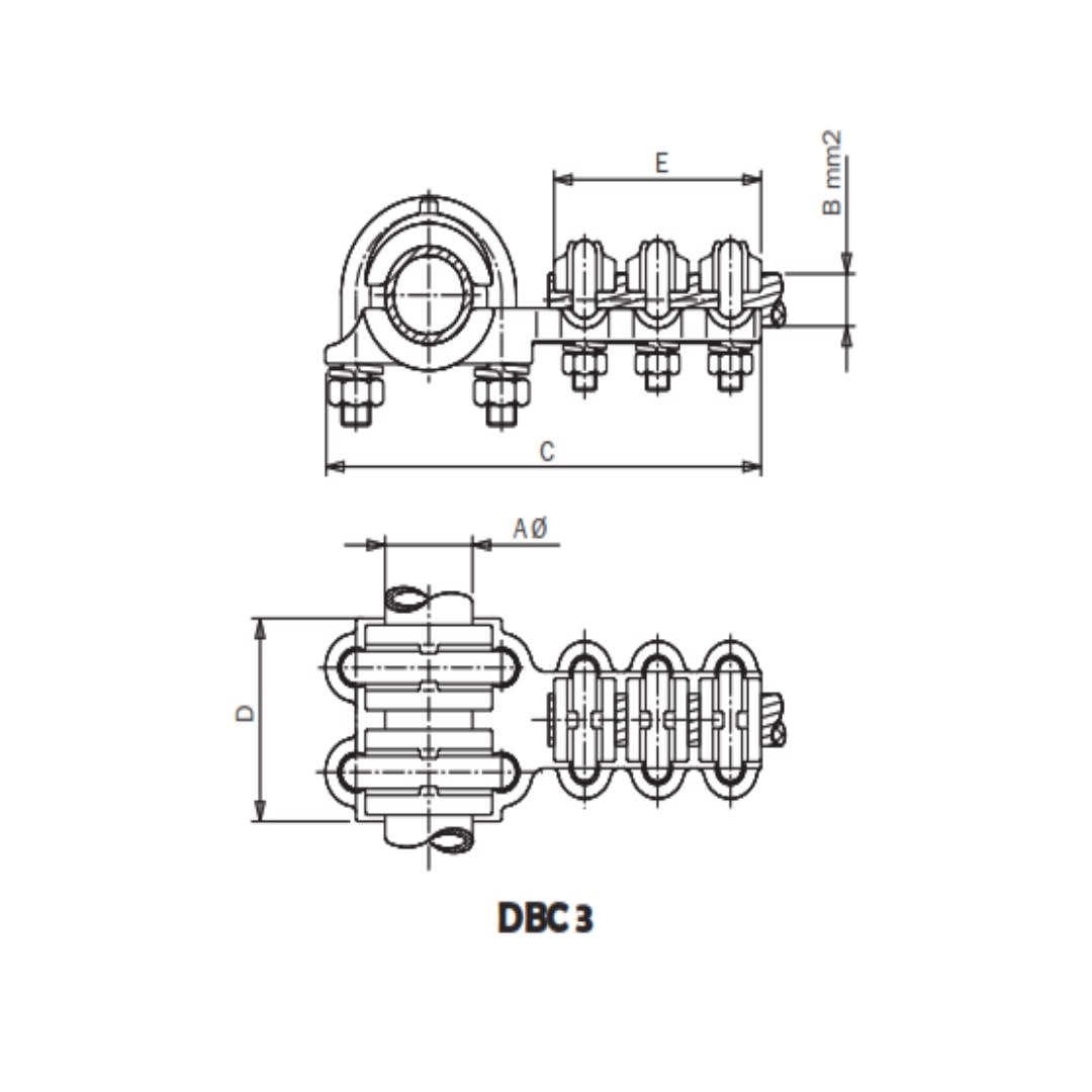 DERIVACION EN T PARA TUBO CU PASANTE Y DERIVADO CABLE CU Ø:80/180-250MM DBC3-80250 ARAGCU AS