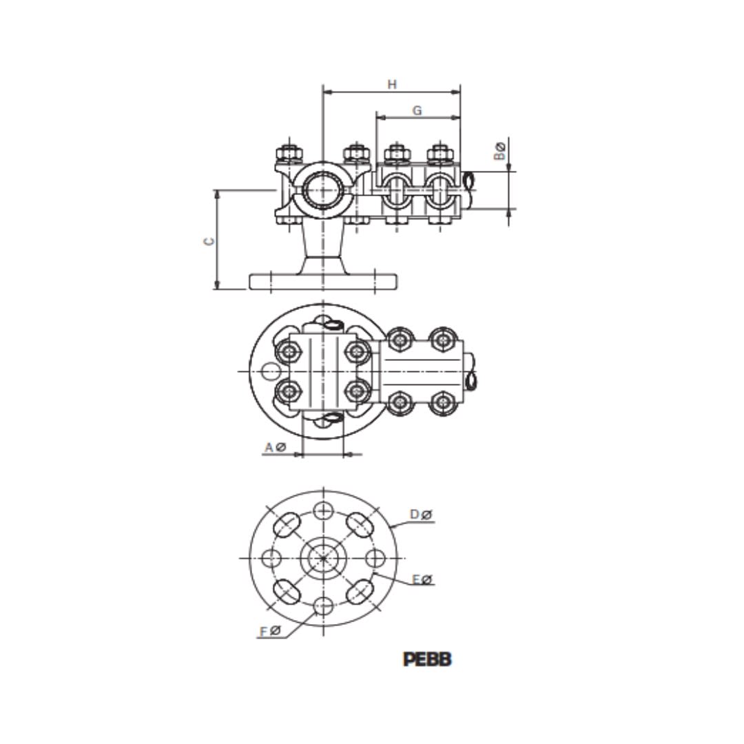 SOPORTE EN T PARA TUBOS CU MONTADO SOBRE AISLADOR EN EL MISMO PLANO Ø:25/25MM PEBB-252576 ARAGCU AS