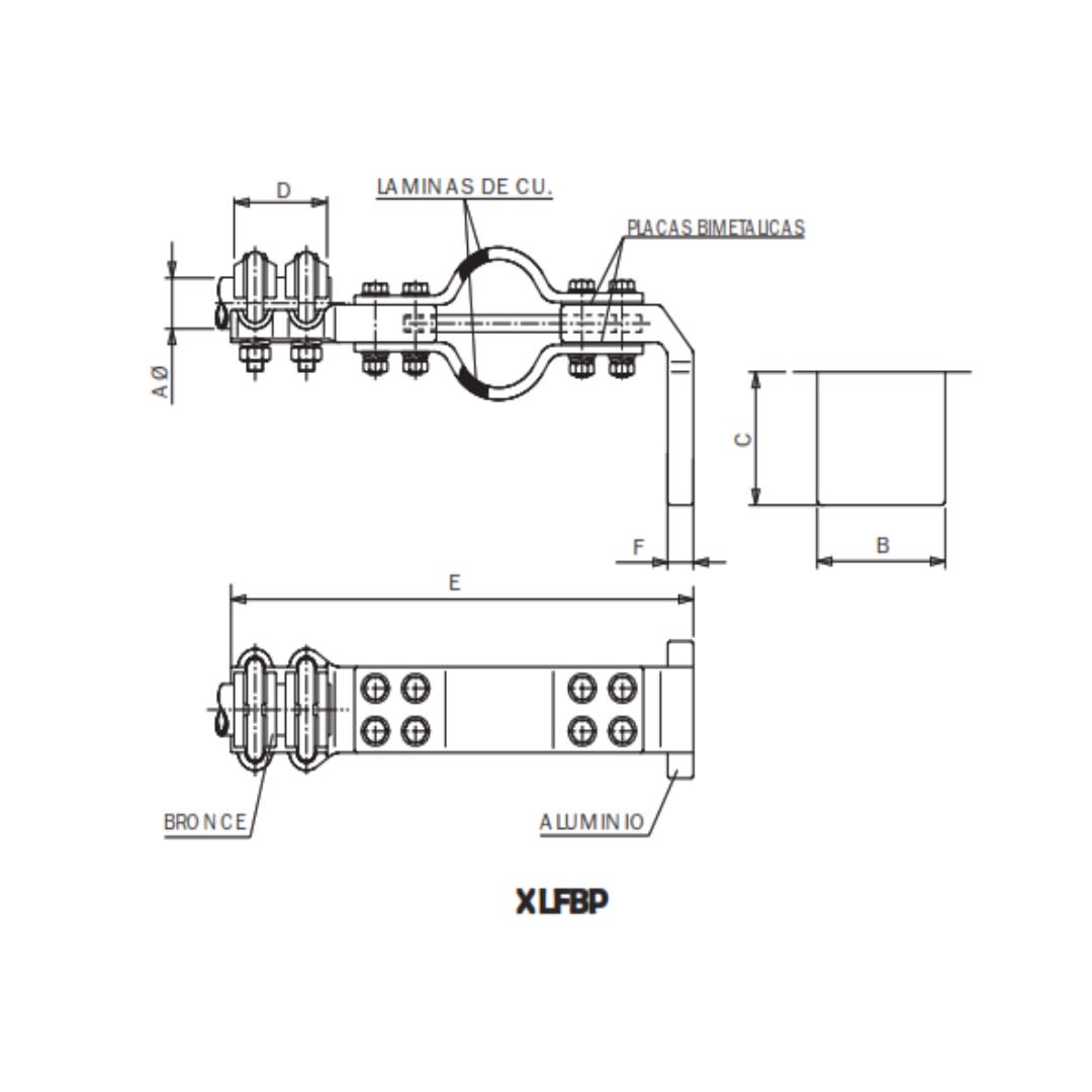 CONECTOR A 90° DE DILATA. BIMETAL GUIADO UNION TUBO/BORNA CU A PLETINA AL XLFBP-5044AL ARAGCU AS1