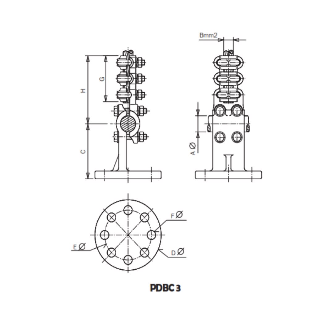 SOPORTE EN T TUBO/BORNA PASANTE Y DERIVADO CABLE CU MONTADO SOBRE AISLADOR PDBC3-40250* ARAGCU AS