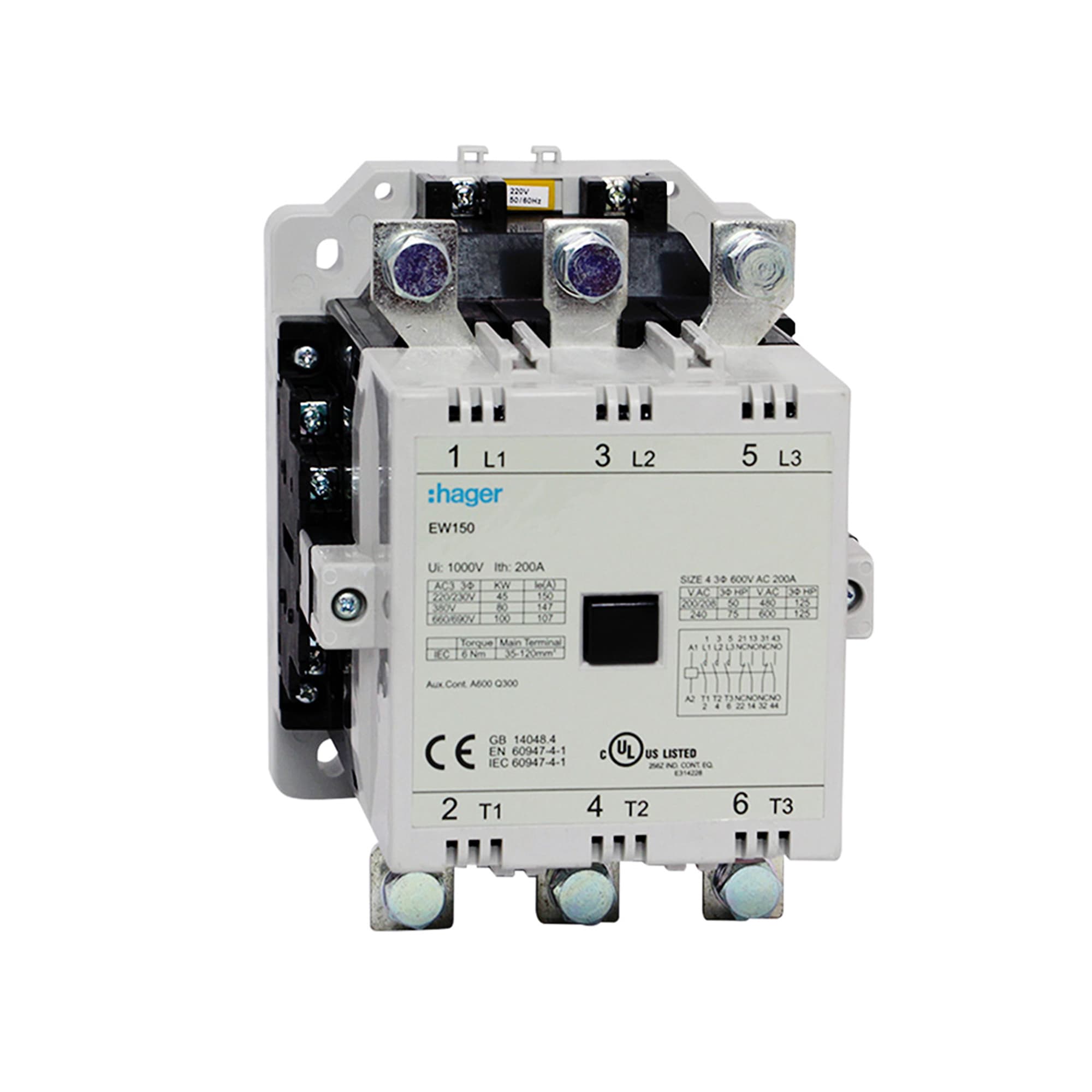 CONTACTOR EW 147A/AC3 2NA+2NC 220V 50/60HZ. HAGER