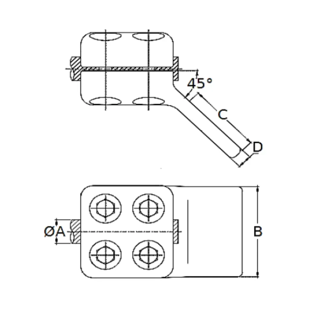 CONECTORES ANTICORONA CABLE-PLATINA ACODADO 45° C:Ø12.5-14.6MM P:80x80MM MODELO 351.251 ARAGCU EI