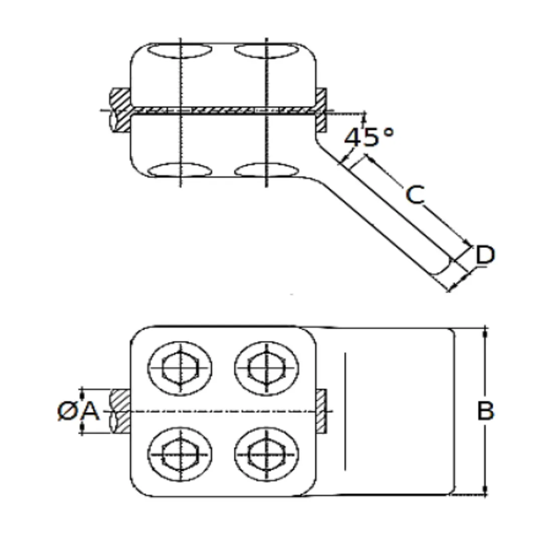 CONECTORES ANTICORONA CABLE-PLATINA ACODADO 45° C:27.1-29.3MM P:80x80MM MODELO 351.255 ARAGCU EI1