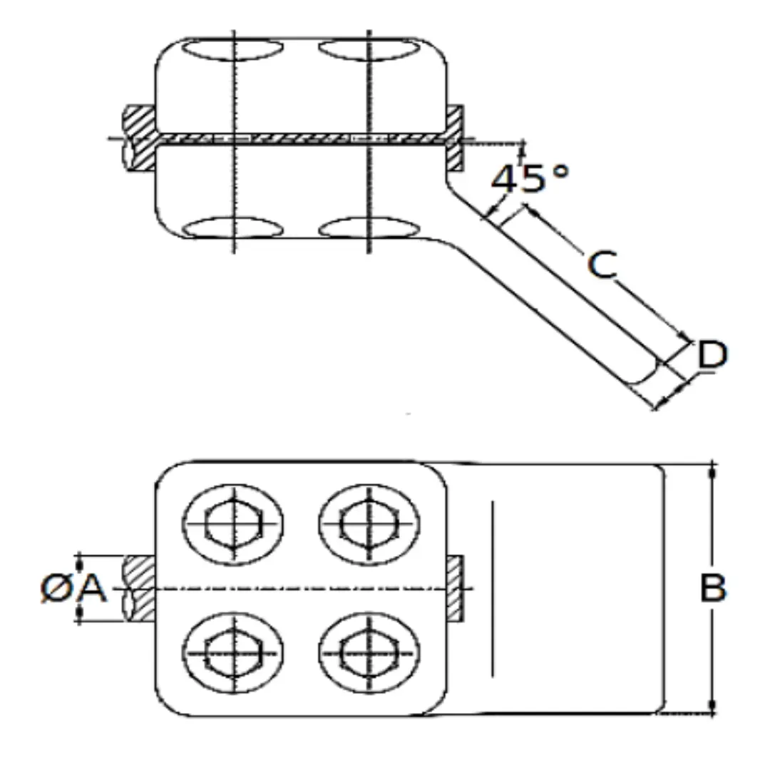 CONECTORES ANTICORONA CABLE-PLATINA ACODADO 45° C:Ø12.5-14.6MM P:100x100MM MODELO 351.259 ARAGCU EI