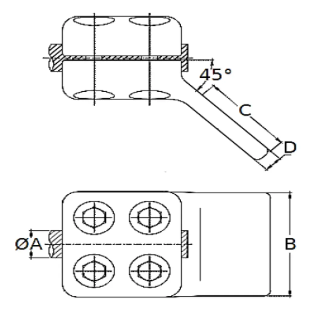 CONECTORES ANTICORONA CABLE-PLATINA ACODADO 45° C:Ø24.4-26.2MM P:100x100MM MODELO 351.262 ARAGCU EI