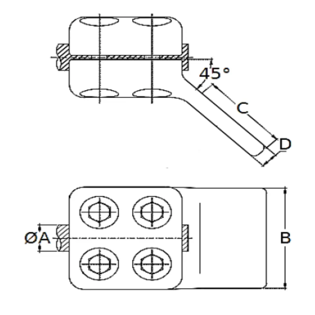 CONECTORES ANTICORONA CABLE-PLATINA ACODADO 45° C:Ø32-36MM P:100x100MM MODELO 351.264 ARAGCU EI