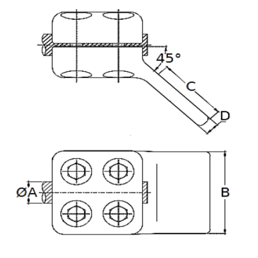 CONECTORES ANTICORONA CABLE-PLATINA ACODADO 45° C:Ø27.1-29.3MM P:125x125MM MODELO 351.271 ARAGCU EI