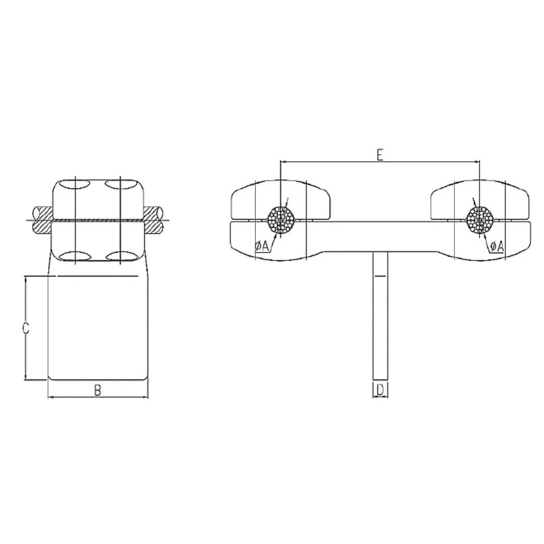 CONECTORES ANTICORONA CABLE DUPLEX A PLATINA EN ''T'' C:Ø24.4-26.2MM P:100x100x15MM MODELO 361.062 ARAGCU EI
