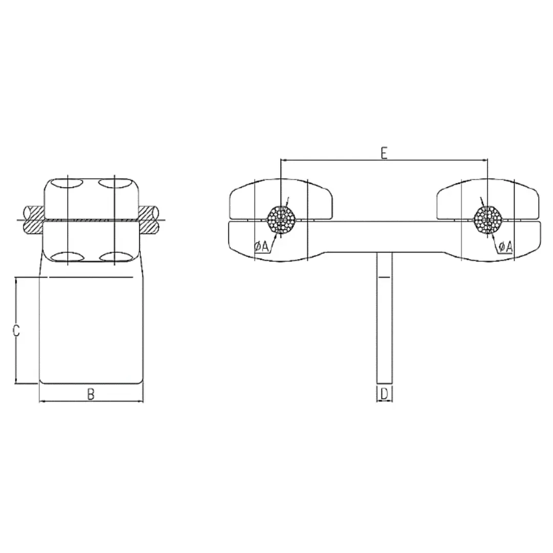 CONECTORES ANTICORONA CABLE DUPLEX A PLATINA EN ''T'' C:Ø41.3-46.3MM P:200x100x20MM MODELO 361.773 ARAGCU EI