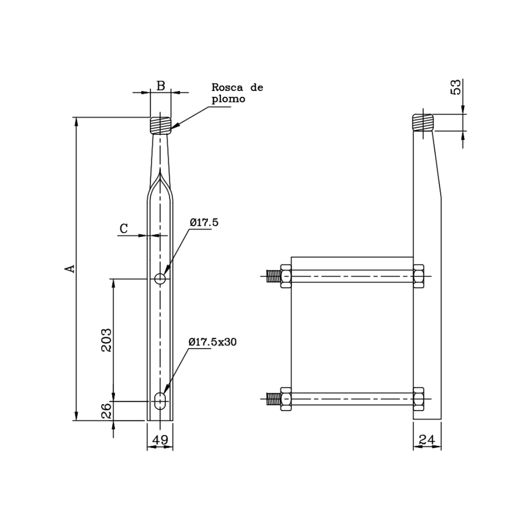 ESPIGA RECTA PARA CABEZA DE POSTE DE F°G° 20'' 508X35X4.5MM D1ES0305 ARAGCU MT2