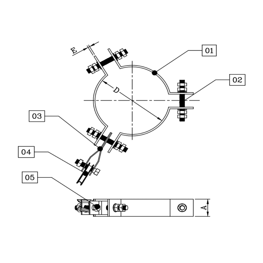 ABRAZADERA PARA RETENIDA REGULABLE DE 3 CUERPOS 2-1/2'' Ø120-Ø160MM 1/4'' D1AB0600 ARAGCU RT2