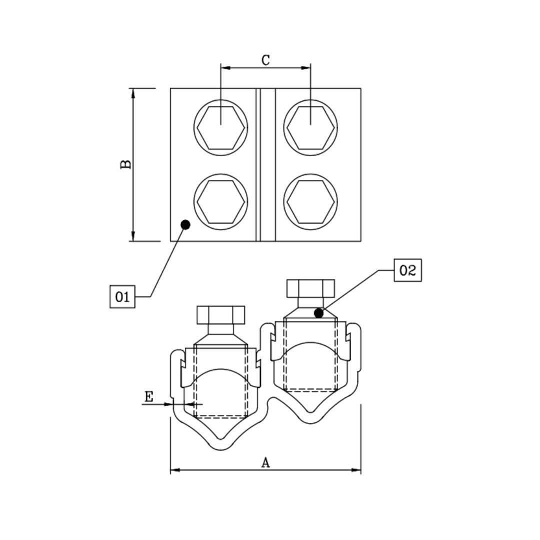 CONECTOR DOBLE VIA AL/AL O AL/CU DE 4 PERNOS 70-300MM2 WB-300  ARAGCU MT2