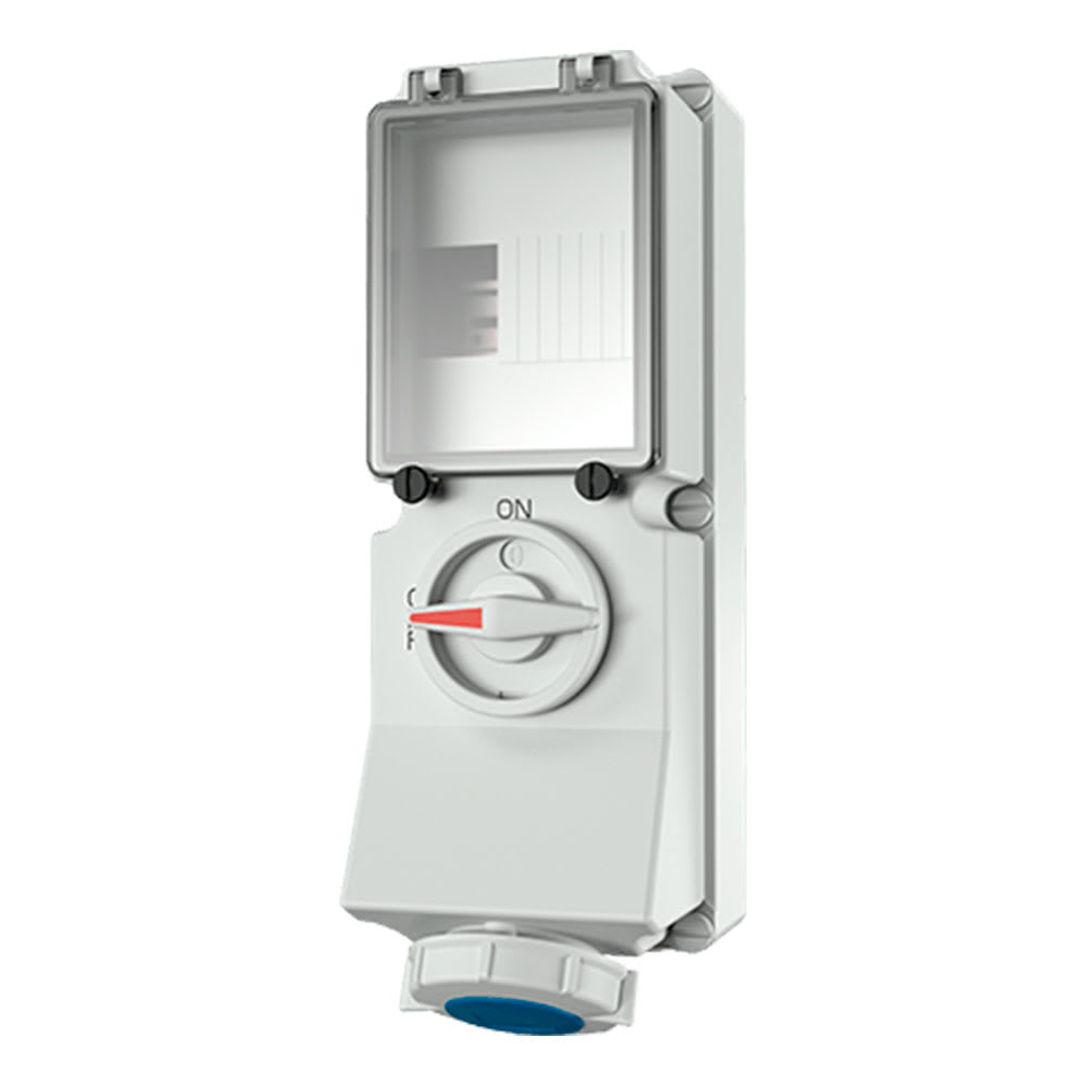 TOMA VISIBLE 16AMP 2P+T 250V C/INTERRUP. POR ENCLAVAM. MECANICO AZUL 6H IP67 MENNEKES