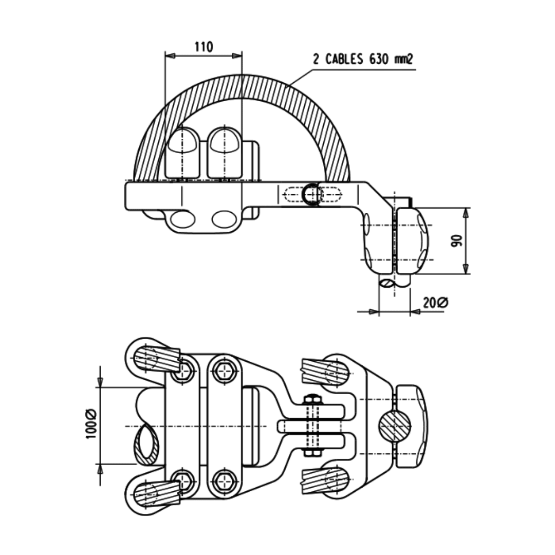 CONEXIÓN A 90º FLEXIBLE ANODO MASIVO TUBO d100 A BORNA d20 MLFBBT-10020/2/630 ARAGCU AS2