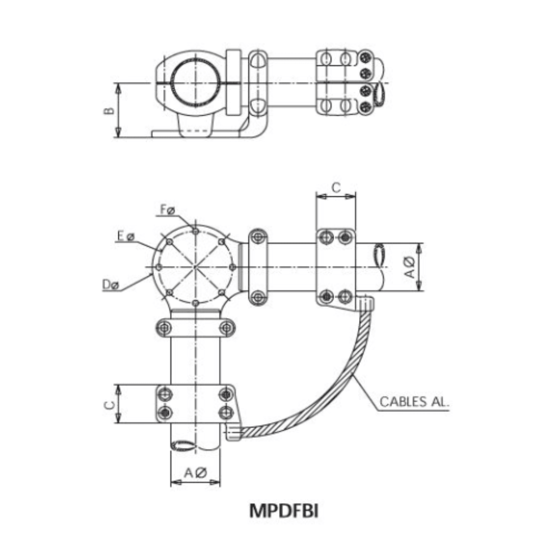 EMPALME A 90° DESLIZANTE FLEXIBLE UNION DE TUBOS MONTADO SOBRE AISLADOR MPDFBI-150 ARAGCU AS