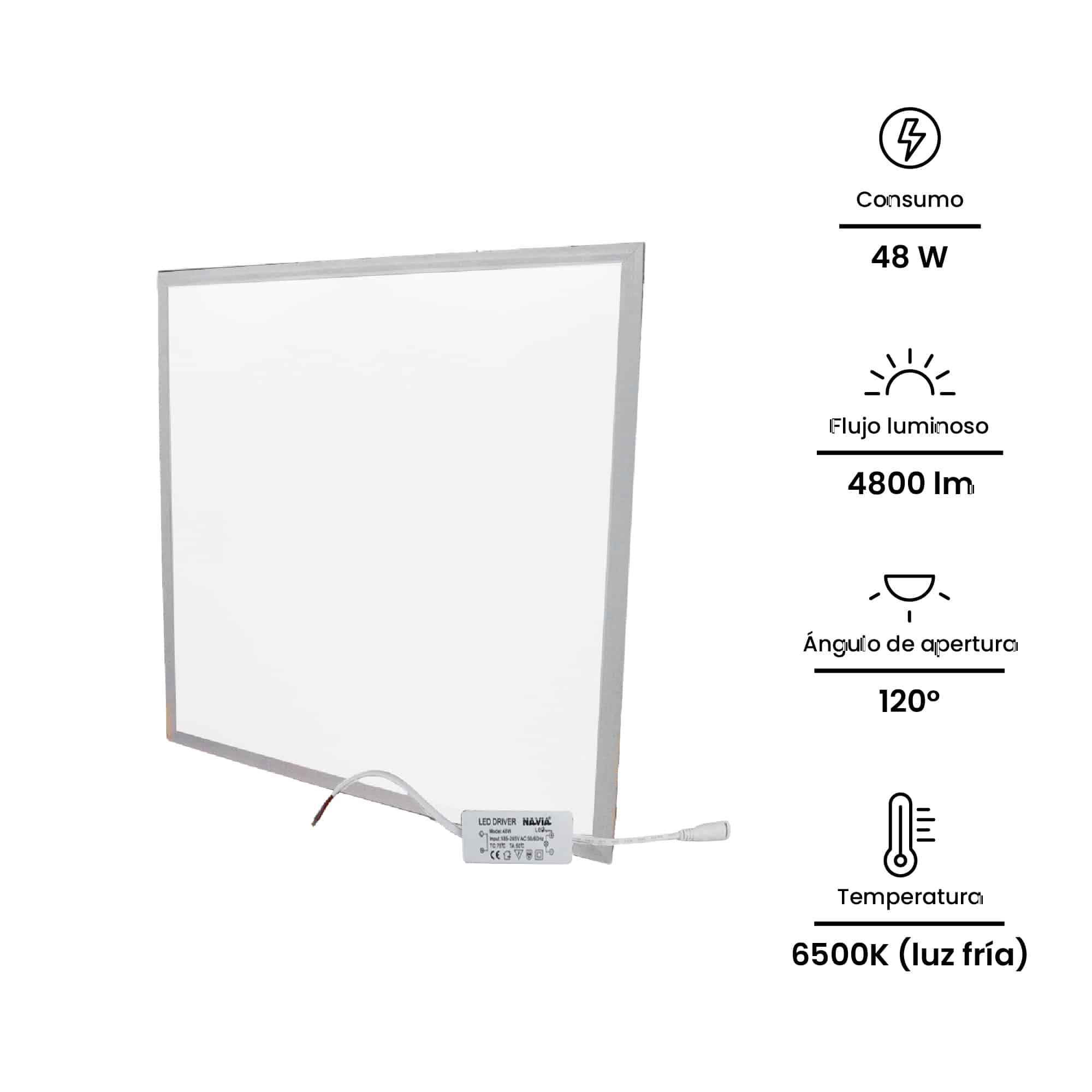 PANEL LED 48W IP20 4800LM 50000HR 6500K 185-265VAC605X605MM P/EMPOTRAR NV-6060X48W NAVIA LED2