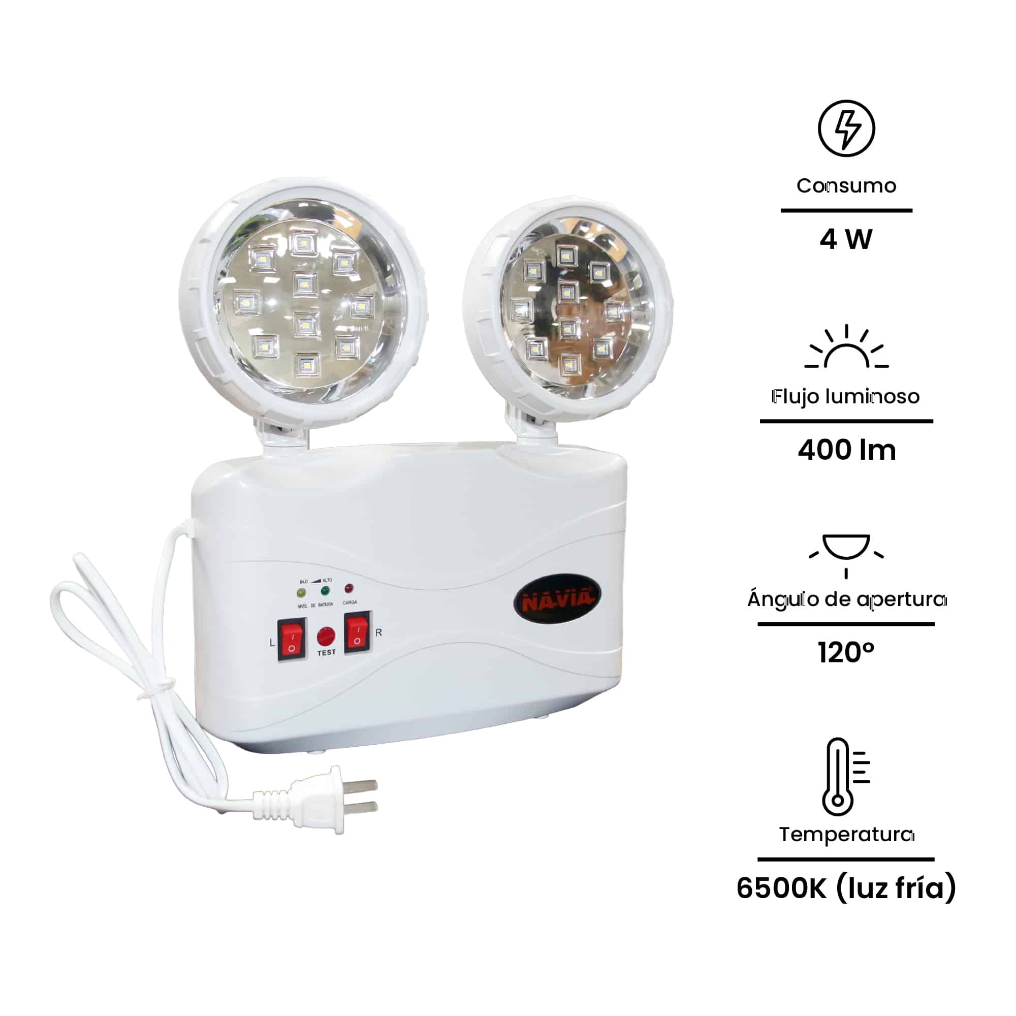LUMINARIA DE EMERGENCIA SLIM 4W 400LM 6500KIP20 IK06 32LEDS AUTO. 8HR C/BAT.INTERNA 100-240VAC C/ENCHUFE NAVIALEDLIGHTING2