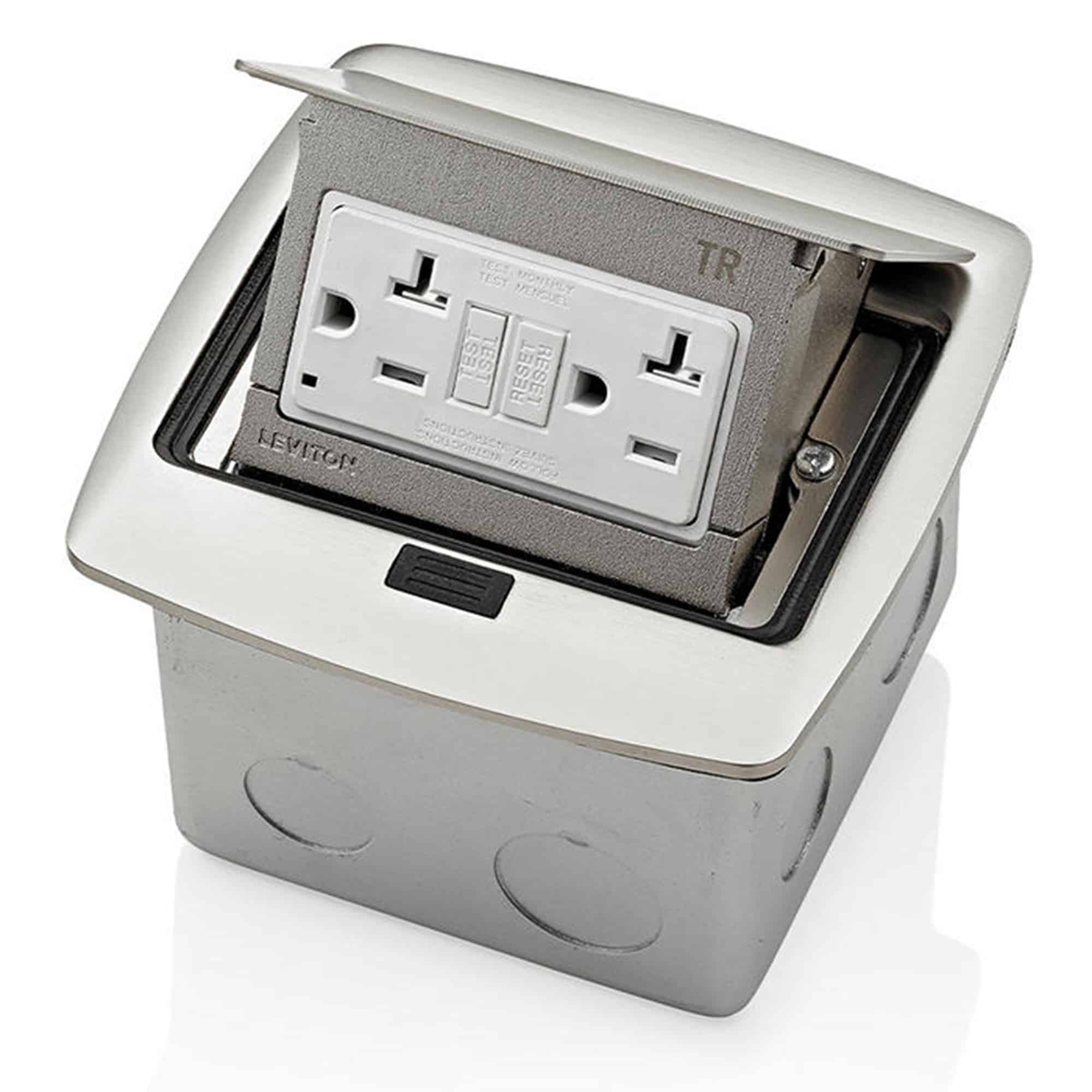 CAJA DESPLEGABLE PARA PISO CON RECEPTACULO/TOMACORRIENTE ICFT DE AUTOVERIFICACION A PRUEBA DE MANIPULACIONES DE 20 A NÍQUEL PULIDO LEVITON