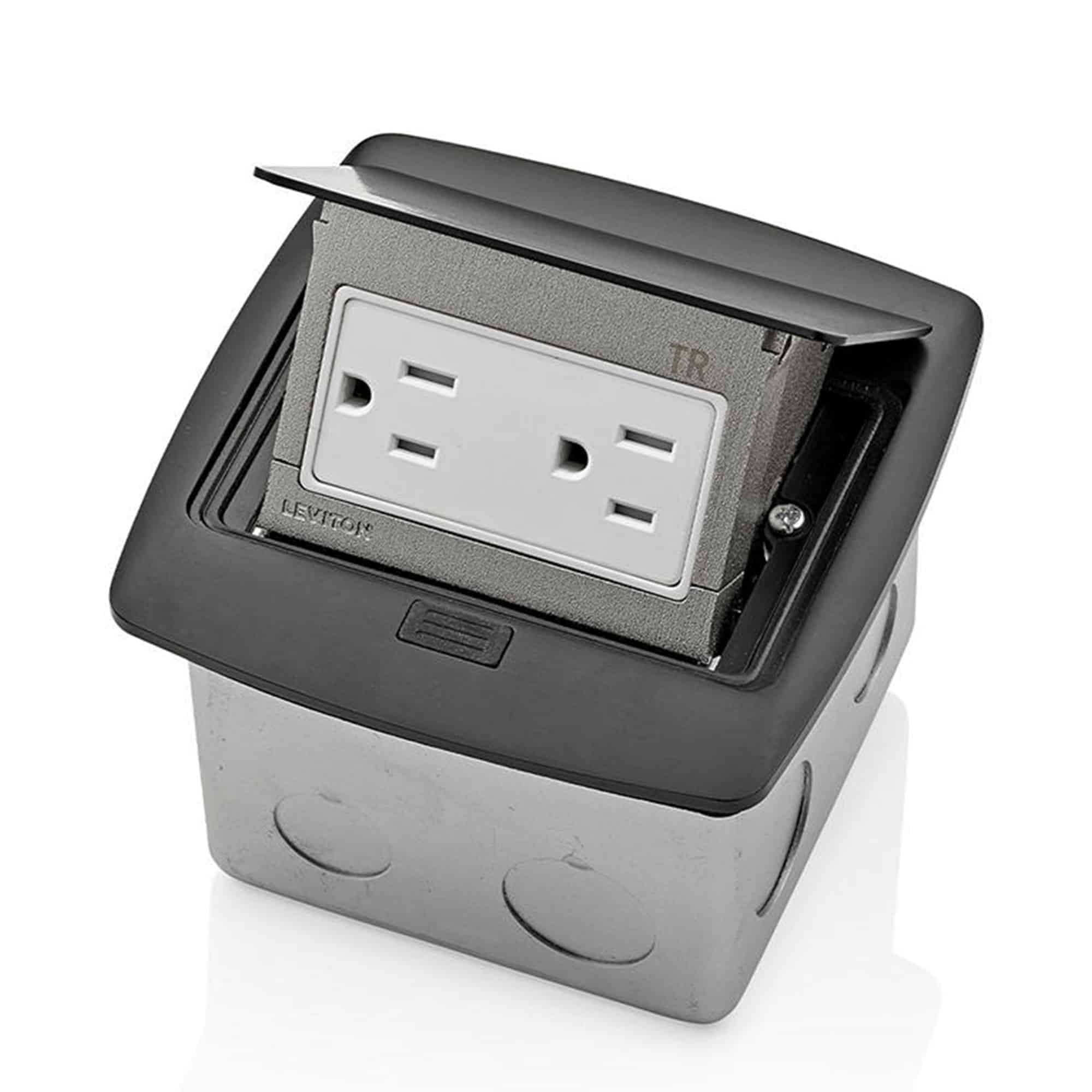 CAJA POP UP PARA PISO COLOR NEGRO CON TOMACORRIENTE DE 15A LEVITON2