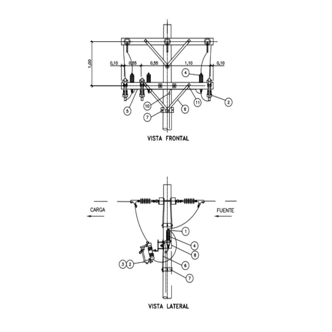 ARMADO TIPO PSEC-3 SOPORTE DE SECCIONAMIENTO 3Ø CON PARARRAYO GALV CALIENTE ARAGCU AR1
