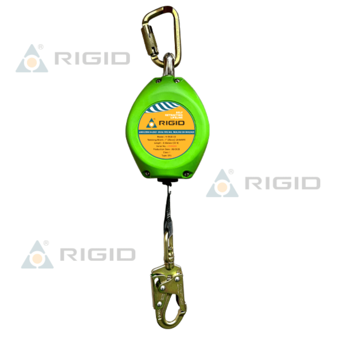 LINEA RETRACTIL N 9420 20 LONGITUD:6 M (20 FT) CABLE DE ACERO:4.8 MM (3/16'') ABSORBEDOR INTERNO MOSQUETON N 252 + GANCHO ACERO 21 MM N 3615 RIGID