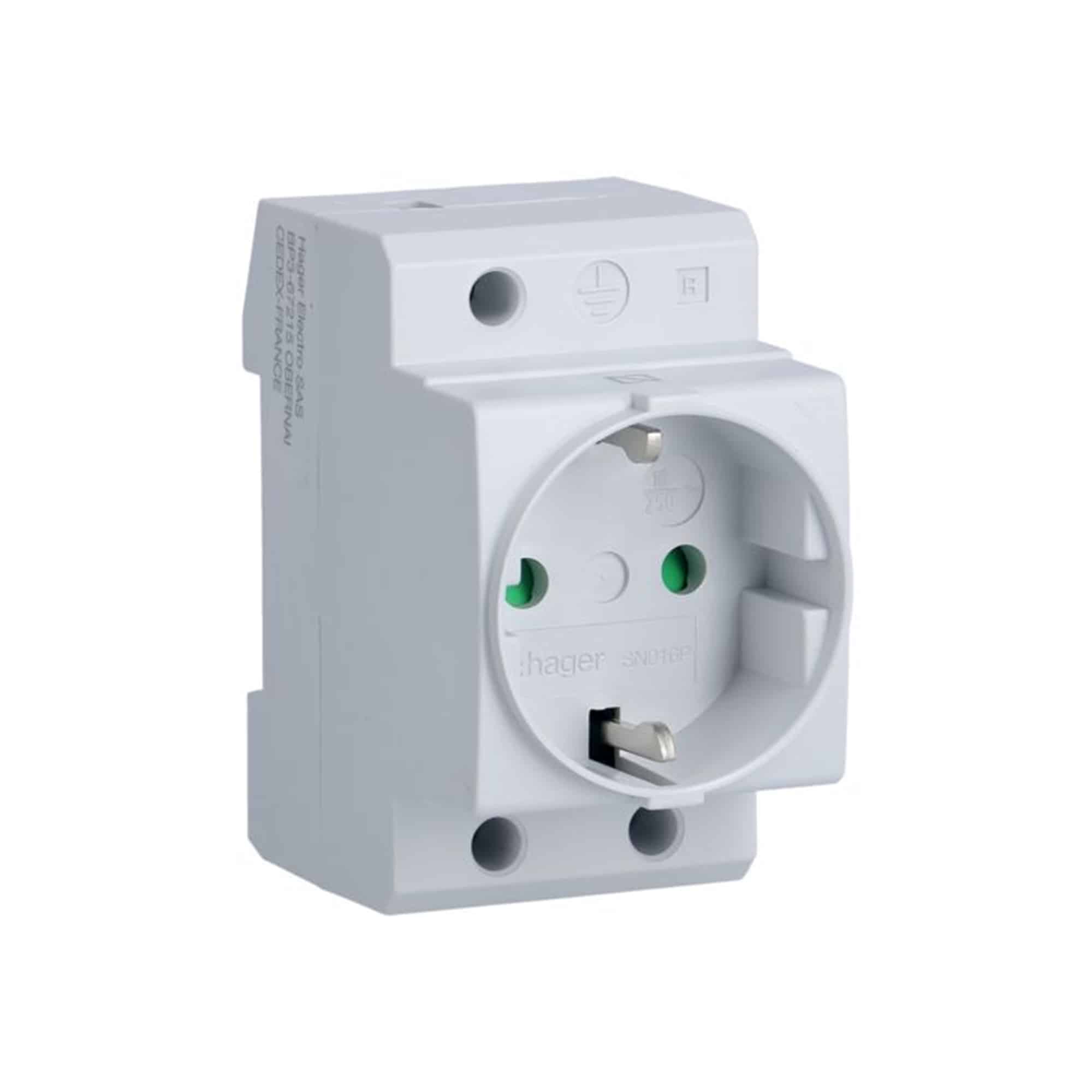 TOMACORRIENTE EN RIEL TIPO SCHUKO 10/16AMP 2P+T 230VAC HAGER1