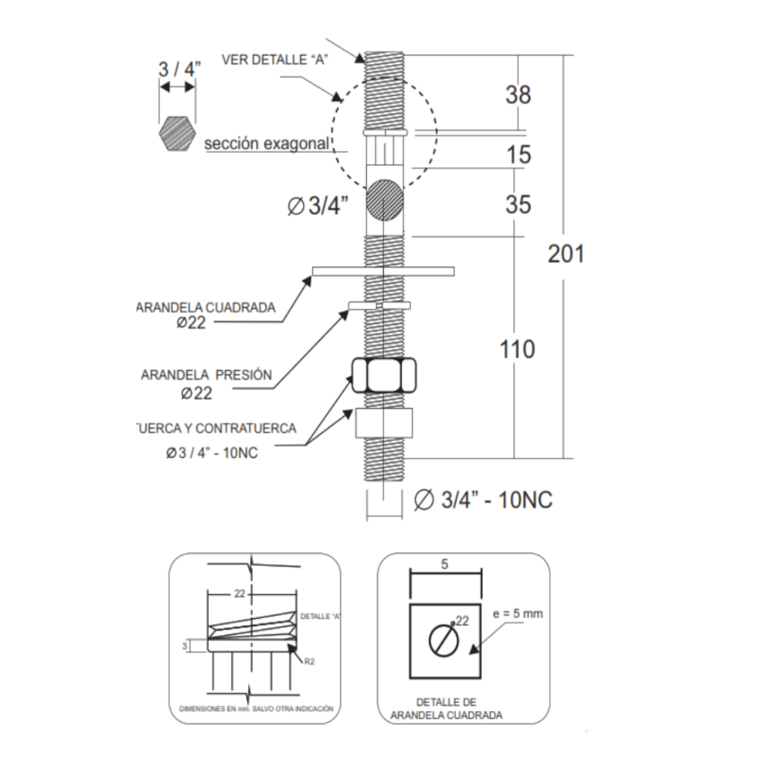 SOPORTE METALICO PARA AISLADOR POLIMERICO 3/4''X201MM GALV CALIENTE AP5292100 ARAGCU MT2
