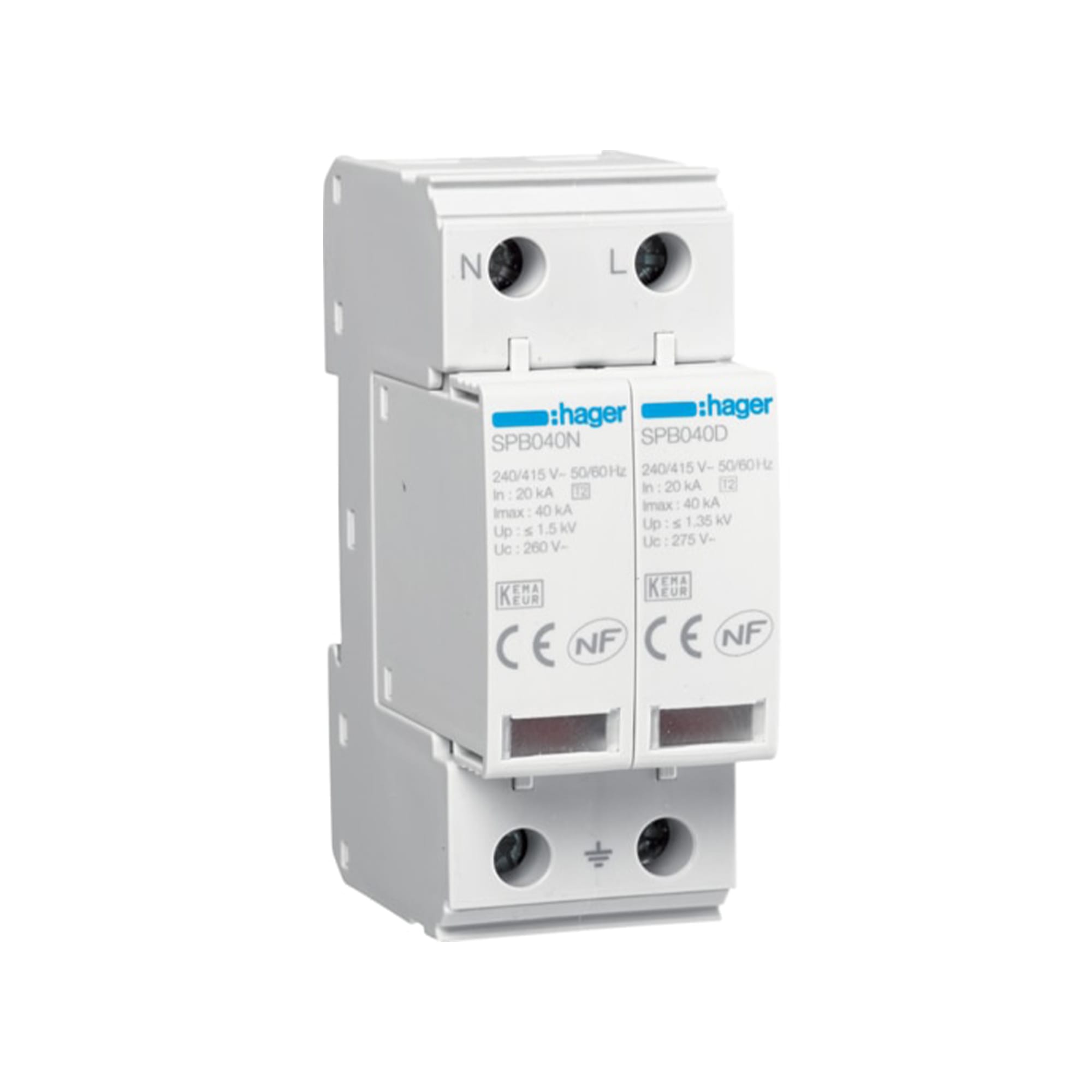 LIMITADOR DE SOBRETENSION TIPO 2 CARTUCHOS RECAMBIABLES 1P + N. 40KA 275V. UP MENOR/IGUAL 1.2 KV HAGER1