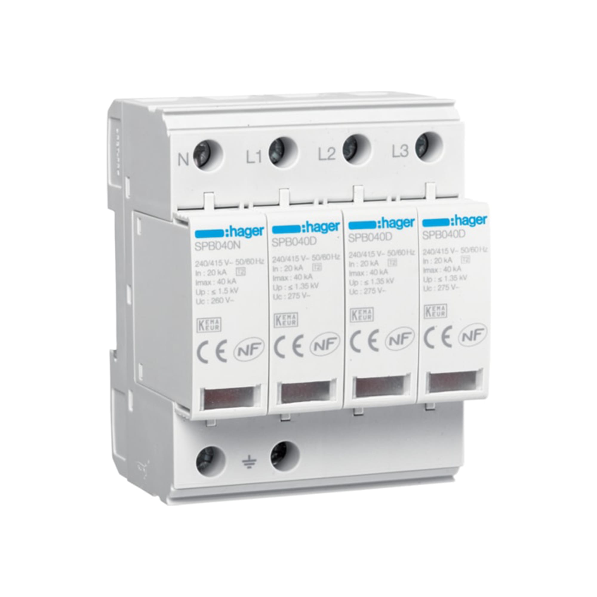 LIMITADOR DE SOBRETENSION TIPO 2 CARTUCHOS RECAMBIABLES 3P + N. 40KA 440/275V. UP MENOR/IGUAL 1.2 KV HAGER1