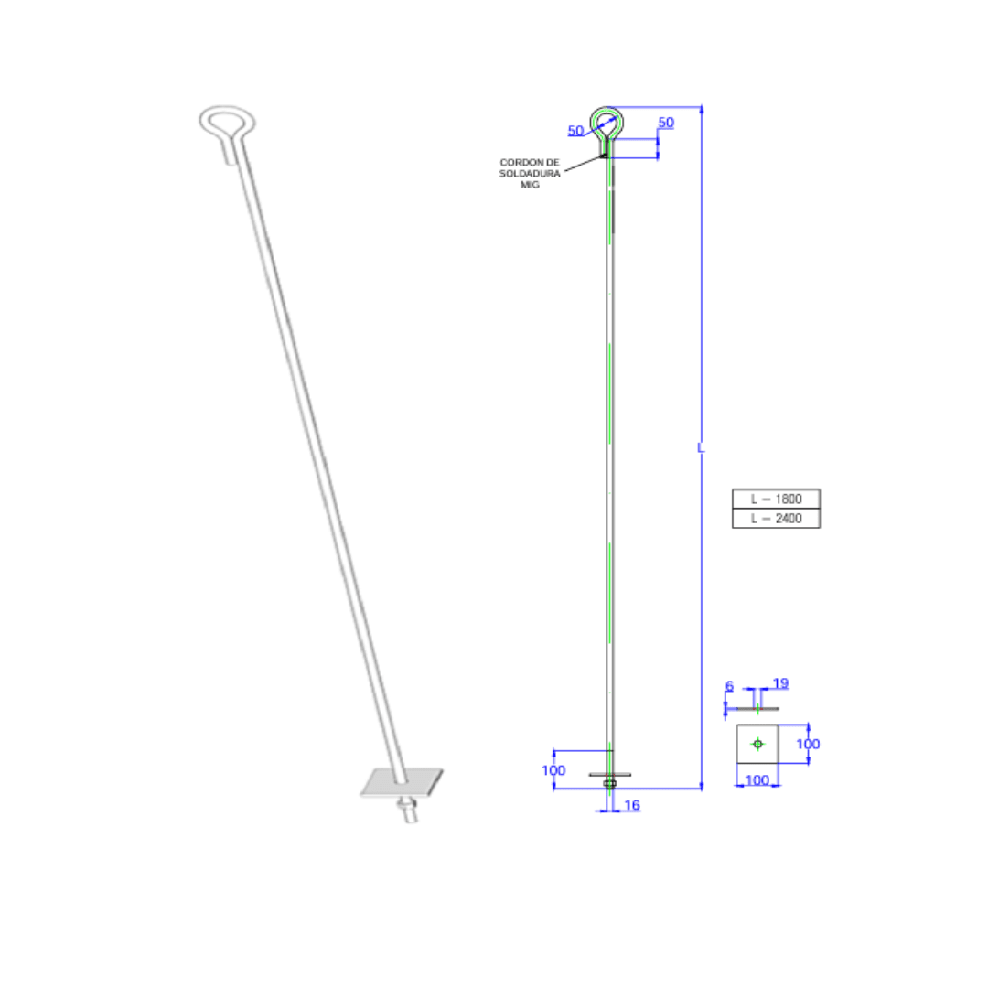 VARILLA DE ANCLAJE FORJADA OJAL SOLDADO 1'' X 2400MM GALV CALIENTE ARAGCU RT2
