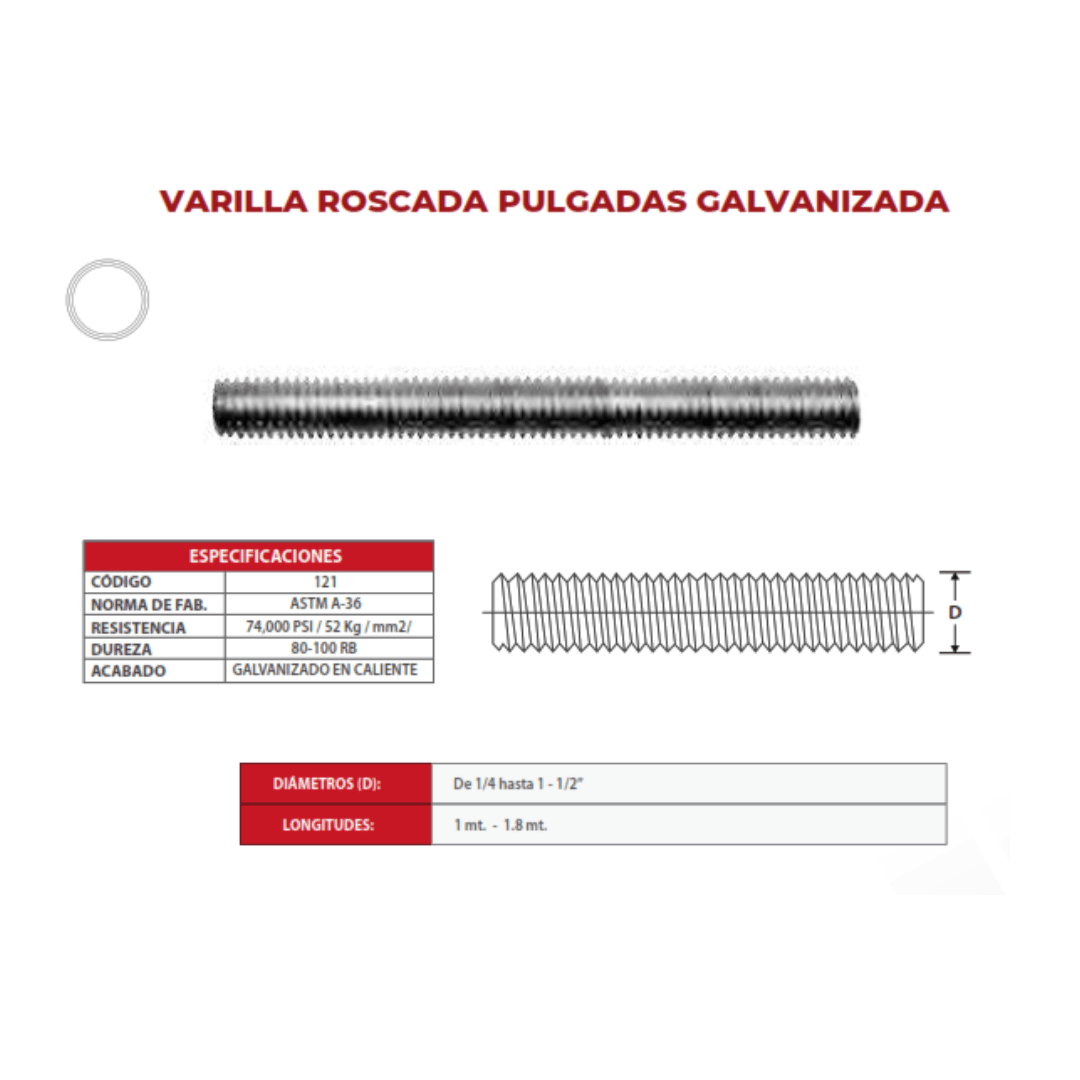 VARILLA ROSCADA PULGADA GALVANIZADO EN CALIENTE 1/2'' ARAGCU OUTLET2