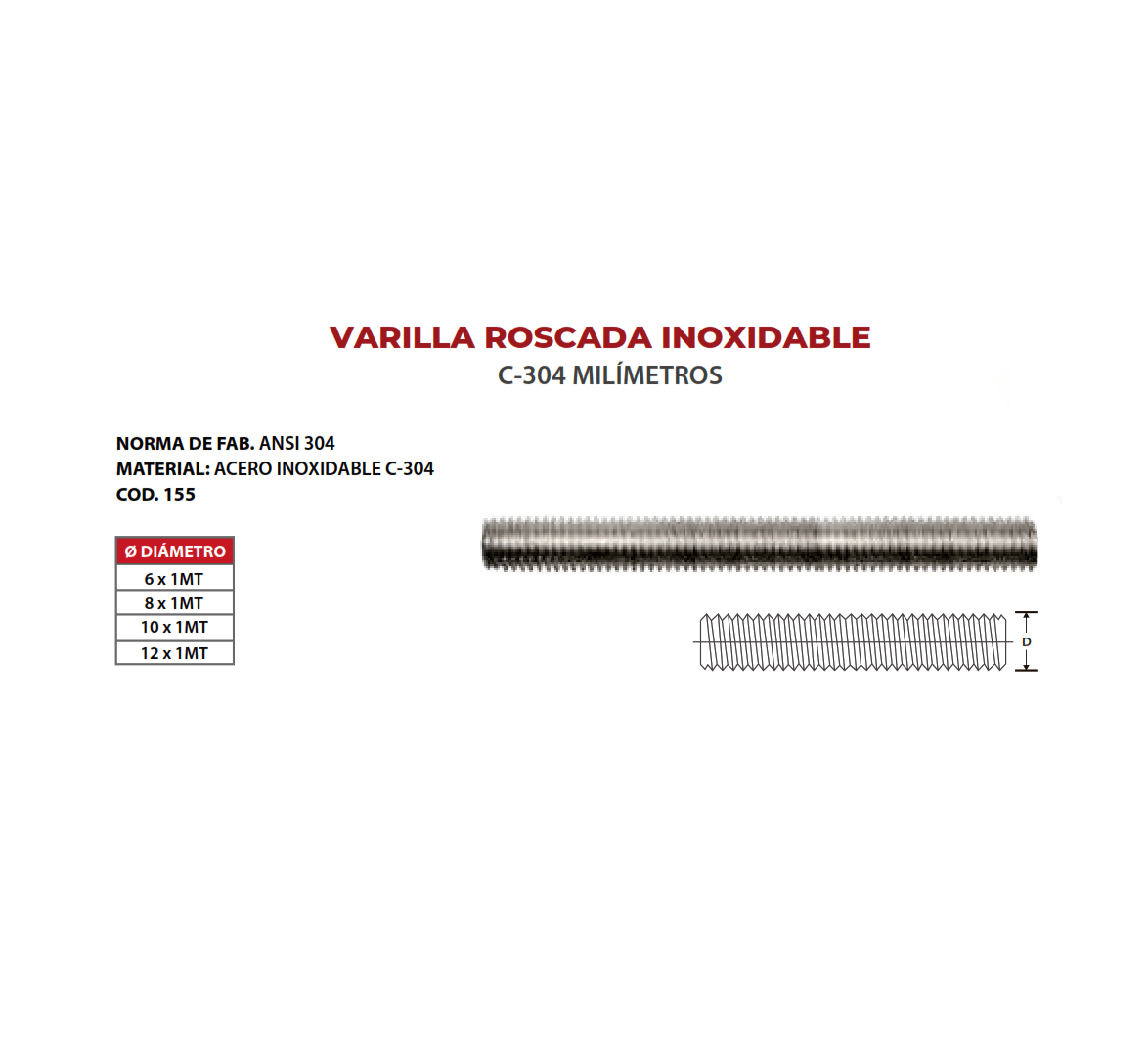 VARILLA ROSCADA INOXIDABLE C-304 MILIMETRICO 12MM ARAGCU OUTLET2