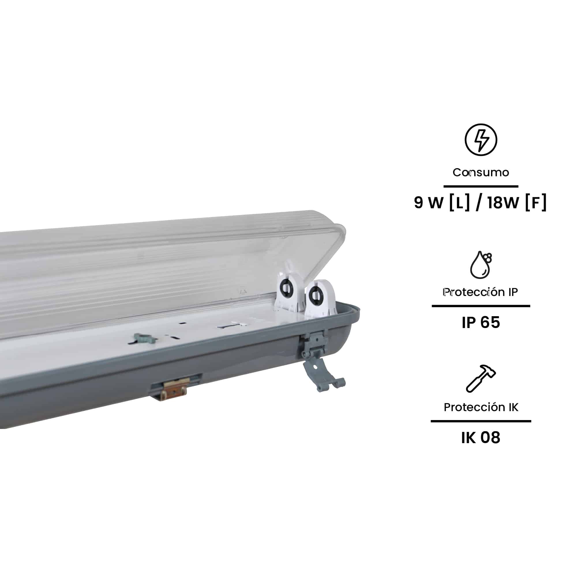 EQ HERM IND 2X18W T8 600MM IP65 IK08 220-240VAC (SIN BALASTRO SIN LAMPARA) NAVIA LED2