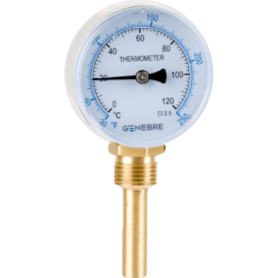 Termómetro Bimetálico Cuerpo de Ac. Zincado 63Ø , 1/2, 0 a 120 °C. Vaina de Latón 50 mm1